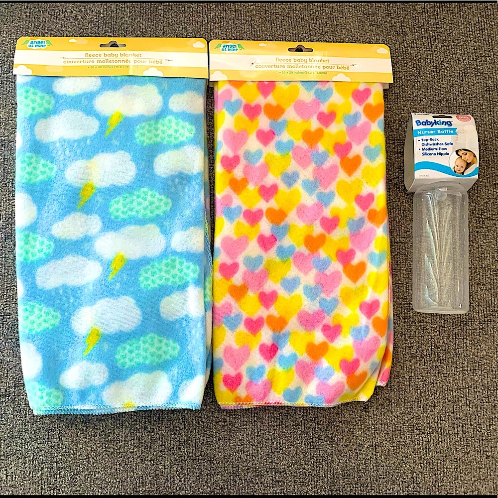 2 Baby Blankets and Baby Bottle with Measurements